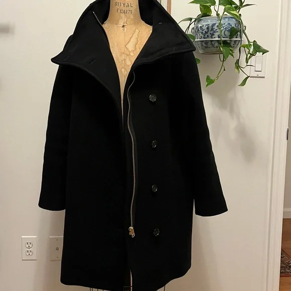 J Crew Black Cocoon Villa coat italian stadium cloth wool tortoise button funnel - Picture 6 of 11